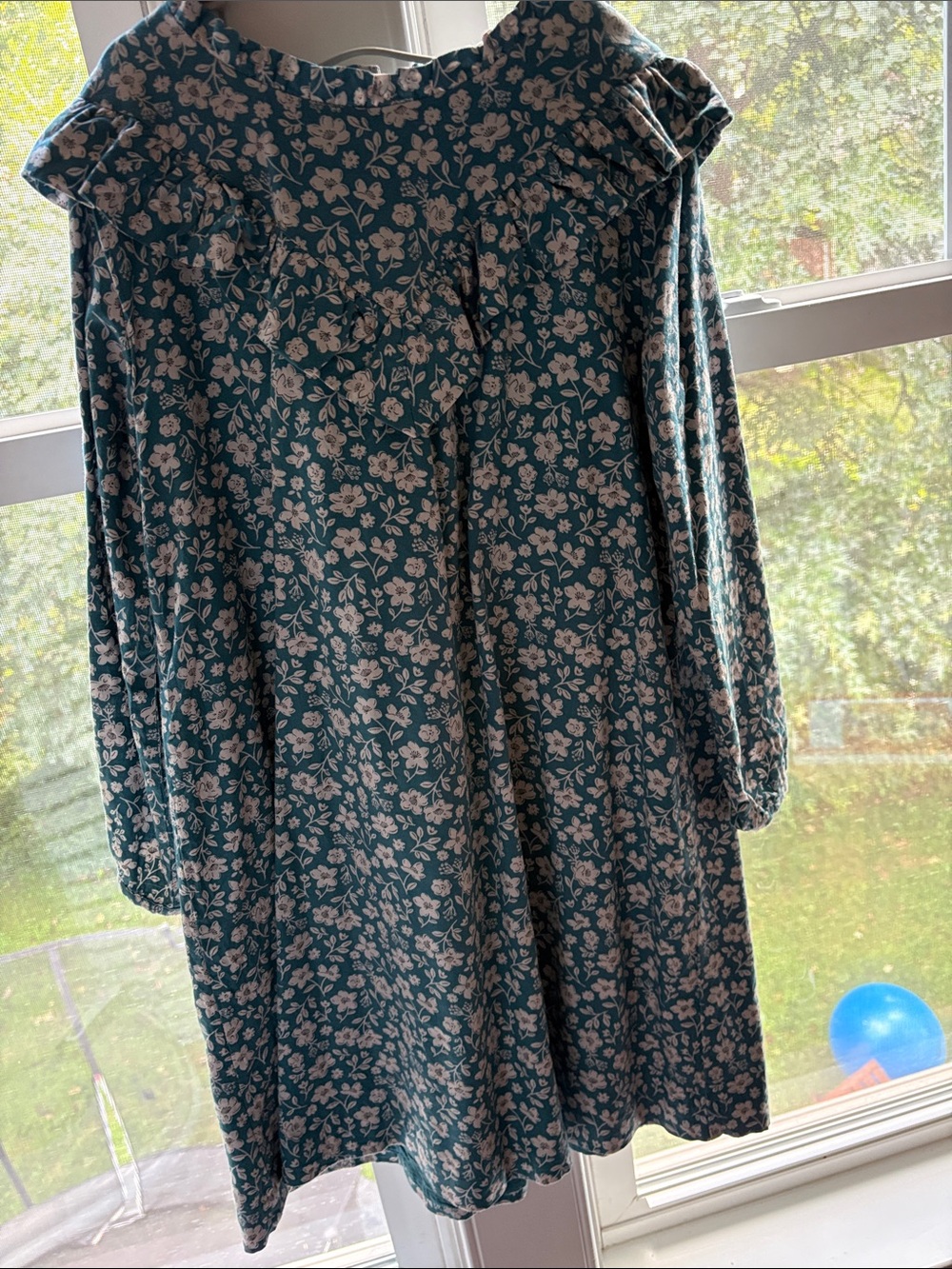 Girls' Teal Floral Ruffle-Trim Long Sleeve Dress